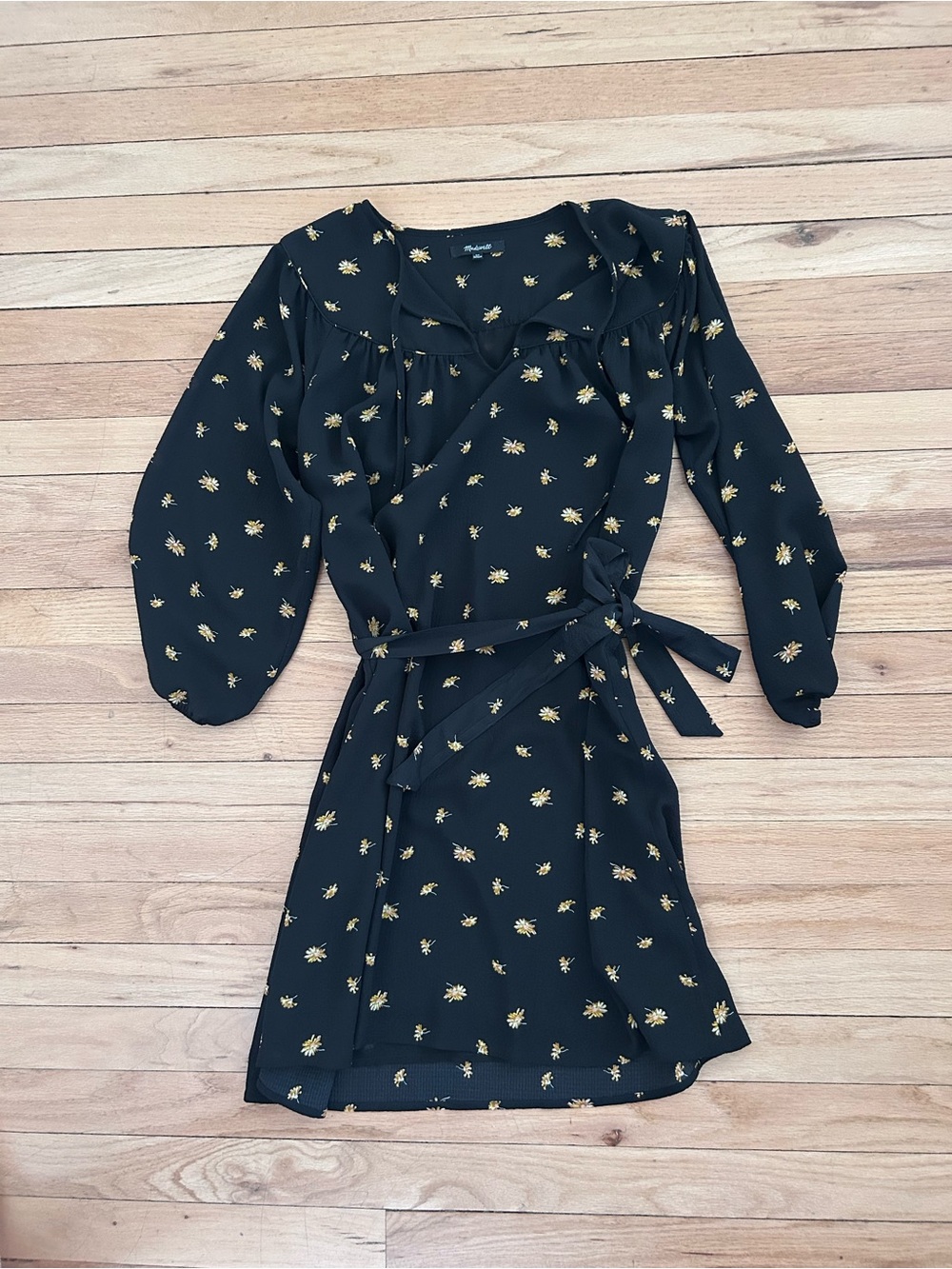 Madewell Mini Black 3/4 Sleeve Tie Dress with Yellow Floral Print